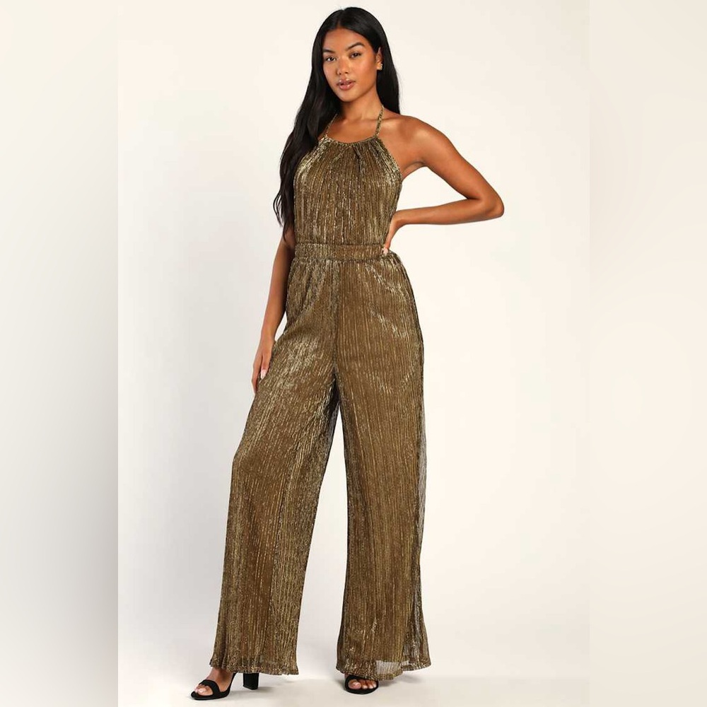 Lulus Walk on Sunshine Shiny Gold Wide-Leg Halter Jumpsuit SIZE L